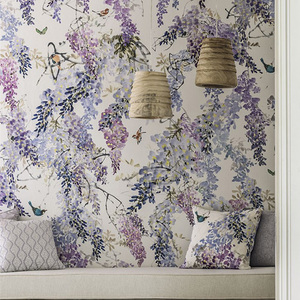 欧式美式墙纸壁纸墙布花朵卧室床头背景墙壁布无纺布宣绒布紫罗兰