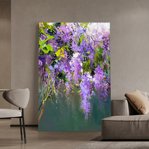 抽象紫罗兰花卉客厅玄关装饰画肌理手绘油画美式印象紫色挂画竖版