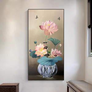 新中式客厅荷花装饰画纯手绘油画竖版花卉入户玄关高级感蝴蝶挂画