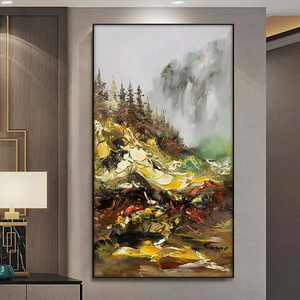 大芬村纯手绘油画玄关装饰画抽象山水风景肌理画客厅新中式挂壁画