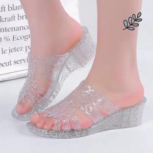 女式透明水晶拖鞋坡跟厚底2023新款妈妈凉拖鞋女夏季外穿塑料凉拖