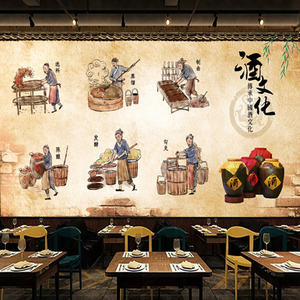 3D复古传统酒文化墙纸中国风酿酒壁画酒厂白酒工艺流程背景墙壁纸