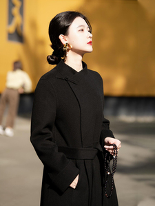 黑色新中式国风呢子大衣女冬季新款气质女装高级感中长款毛呢外套