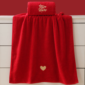 浴巾结婚陪嫁一对情侣款毛巾四件套回礼2024新款纯棉家用红色裹巾