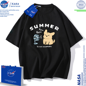 NASA联名趣味夏季线条小狗短袖t恤男2024新款中性风潮牌纯棉上衣