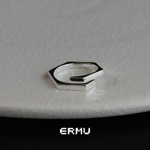 ERMU二木 简约六边形开口戒指女通体S925纯银食指戒几何方形指环