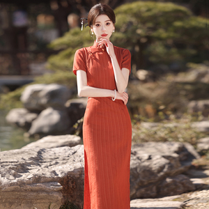 红色条纹旗袍2024新款年轻款新中式复古棉麻民国风女装日常可穿夏