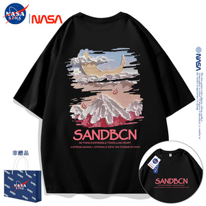 NASA联名潮牌纯棉短袖ins情侣装宽松重磅美式复古富士山高街T恤夏