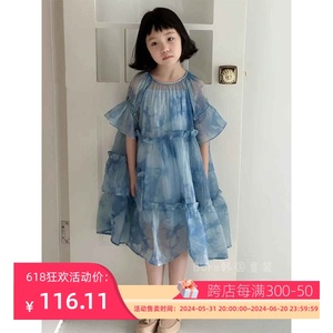 波拉bora韩国女童连衣裙中大儿童夏装气质高端短袖轻薄甜美纱裙潮