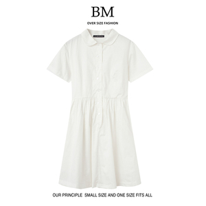 BM Fashion夏新款bm娃娃领衬衫连衣裙女法式复古束腰显瘦系带长裙