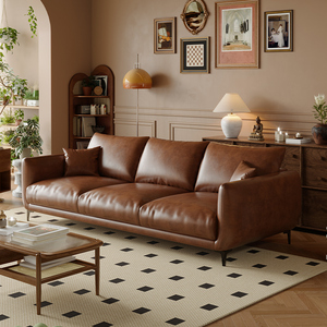 美式复古家庭沙发客厅2024新款小户型中古风焦糖色油蜡猫抓皮沙发