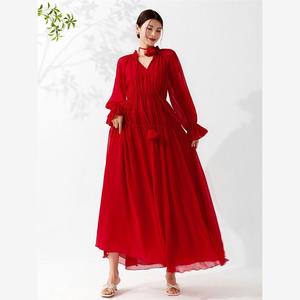 春夏季新款雪纺V领系带红色洋气长袖气质长款大摆收腰连衣裙长裙