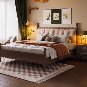 实木床简约现代1米8双人主卧大床架子软包1.5单人床铺新中式家具