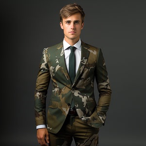 欧美新款男士西装商务修身时尚迷彩印花翻领双排扣西服男士套装