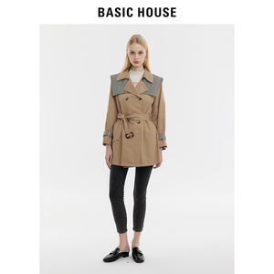 Basic House/百家好风衣外套女2024年春季新款拼接高级感方领大衣
