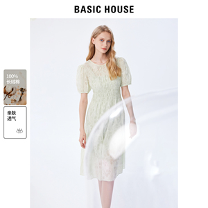 Basic House/百家好绿色碎花连衣裙女泡泡袖A字裙子