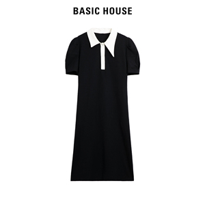 Basic House/百家好泡泡袖连衣裙女2024夏季珠地棉polo领休闲短袖