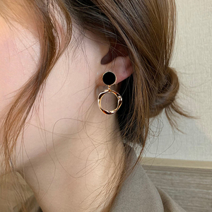 韩国ZQ圆圈耳环女气质高级感纯银防过敏黑色耳钉女2024年新款设计