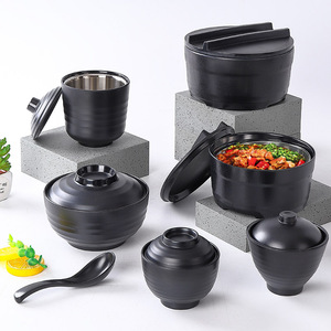 仿瓷黑色磨砂日式有盖碗味汤盅木桶饭碗餐具快餐专用商用仿瓷餐具