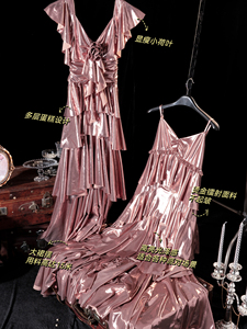 无线WUXIAN设计甜心派对粉色人鱼偏光吊带大裙摆收腰礼服连衣长裙