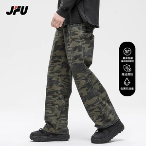 JFU工装牛仔裤男春夏薄款美式复古迷彩裤宽松直筒高街阔腿长裤子