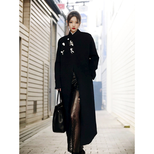 新中式立领黑色长款女秋冬季新款设计感毛呢外套高级感呢子大衣女