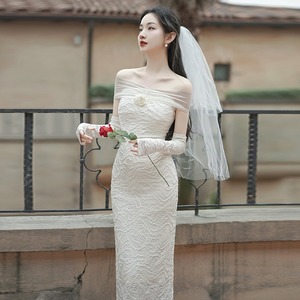 高级感法式轻奢婚纱小礼服女夏季新娘晨袍拍白色气质一字肩连衣裙