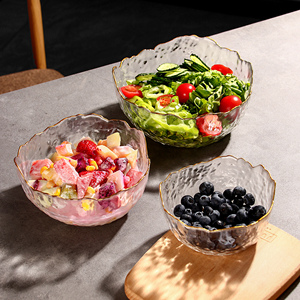 日式锤纹金边玻璃碗透明沙拉碗家用水果碗创意水果盘网红餐具套装