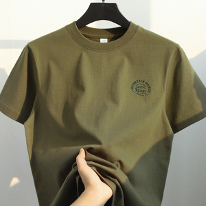 复古橄榄绿 270g重磅精梳棉圆领印花短袖t恤男夏军绿色设计感半袖
