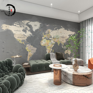 现代简约世界地图墙纸工业风主题酒店房间灰色大气墙布办公室壁纸