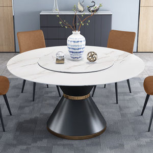 欧圣斯意式岩板餐桌圆桌现代简约圆形餐桌带转盘家用简约饭桌1.2
