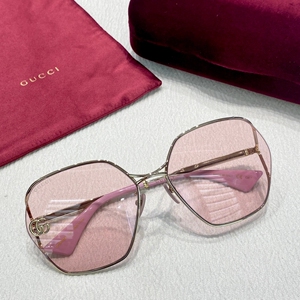 【99新】Gucci古驰金色镜框双G标识潮流女款粉色镜片太阳镜
