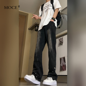 黑色微喇牛仔裤男夏季潮牌排扣设计感裤子美式高街vibe复古休闲裤
