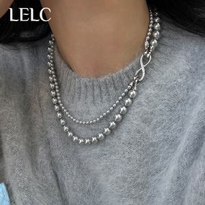 LELC可拆分银灰色施家珍珠毛衣链双层叠戴锁骨链新款2024爆款项链