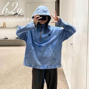 直邮代购 Acne studios 24新款笑脸logo半拉链连帽牛仔卫衣外套女