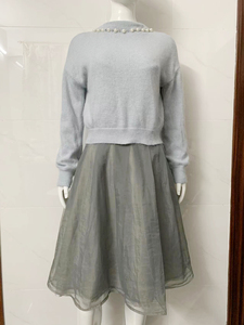 日本LEST玫瑰雾霾蓝兔毛珍珠针织套头上衣+吊带连衣裙两件套