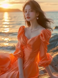 多巴胺海边穿搭橘色缎面连衣裙2024春夏女装高端精致气质法式裙子