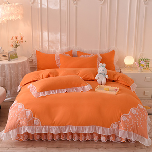 韩式公主风水洗棉纯色床裙款四件套雪纺蕾丝花边被套床裙床上用品