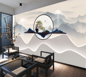 3D立体中式墙纸客厅茶室直播办公室背景墙壁纸养生酒店美容院墙布
