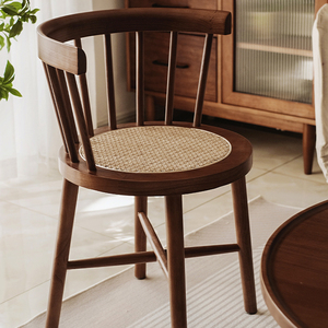 法式中复古餐桌椅子实木风藤编黑胡桃温莎圈茶椅阳台靠背梳化妆凳