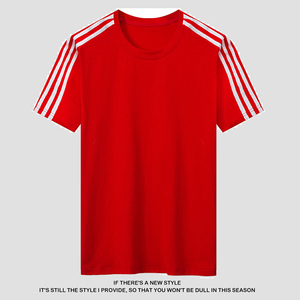 大红色三条杠短袖T恤男女夏季薄款纯棉潮流运动班服团队体服半袖