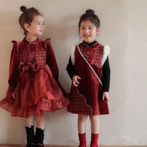 过年拜年服冬季国风加厚女宝女童新中式汉服旗袍裙秋冬款儿童红色
