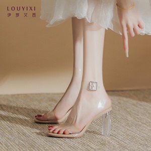 LOUYIXI一字扣带透明凉鞋女2024新款夏季水晶粗跟脚环高跟鞋S1329