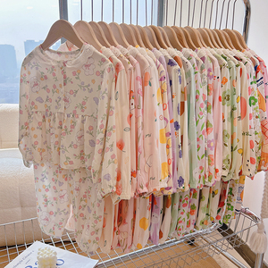 夏季儿童棉绸套装男童女童人造棉长袖家居服凉快舒服空调睡衣碎花