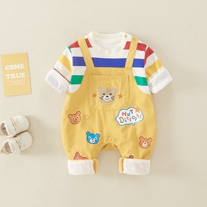 婴儿衣服春秋款六个月男女宝宝秋季休闲条纹背带裤假两件小熊哈衣