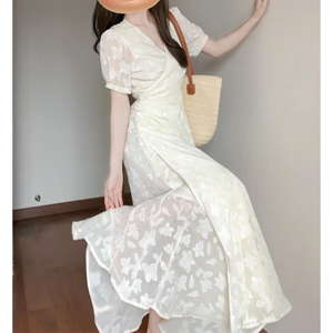 桔梗法式仙女气质显瘦长裙高端精致超好看白色短袖连衣裙子女夏季