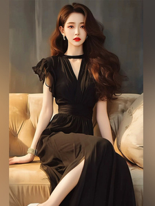 新款女装高级黑色礼服长裙高端精致气质名媛收腰雪纺连衣裙女夏季