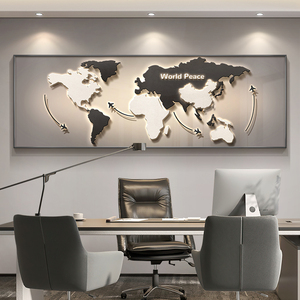现代简约老板桌后面挂画地图高级感大气会议室办公室背景墙装饰画