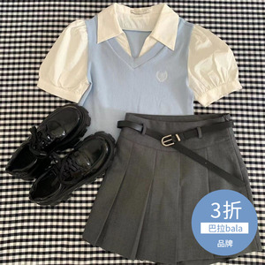 女童夏季清仓短袖拼接套装洋气学院风韩版时髦夏装衬衫百褶裙两件