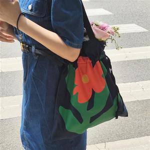 货源/高级藏蓝色帆布包创意玫瑰花包女抽绳单肩托特包